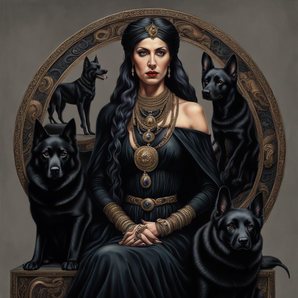 Goddess Hecate Portrait with Black Hounds