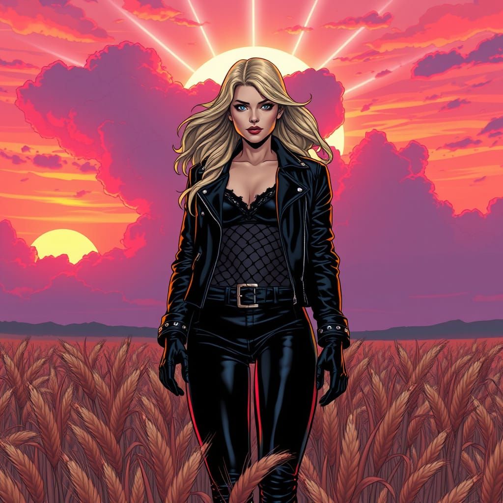 Black Canary in Golden Wheatfield at Sunset, Cyberpunk Style