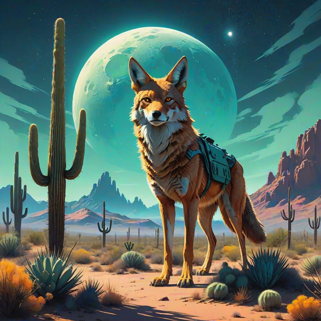 Majestic Coyote Under Starry Desert Sky in Watercolor