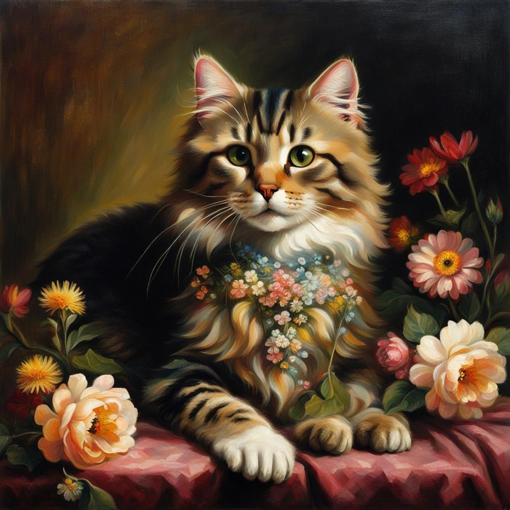 Cute Cat Portrait with Flowers in Baroque Style
