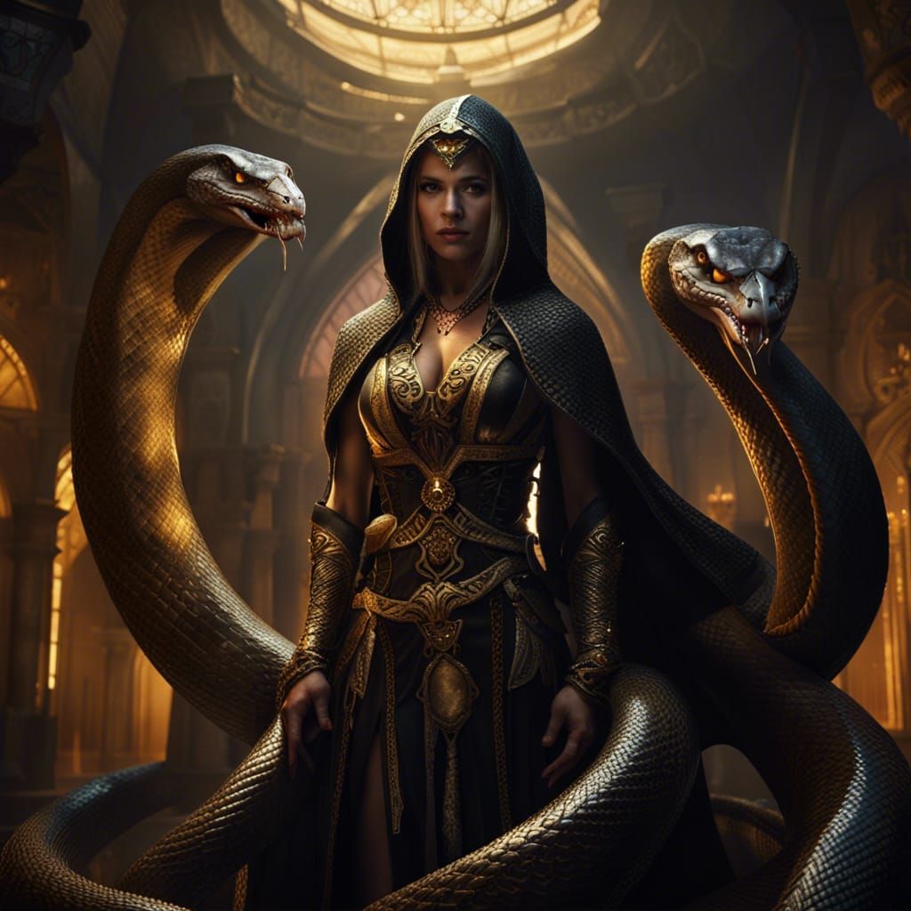Sorceress Guarded by Cobras in Dark Fantasy Style