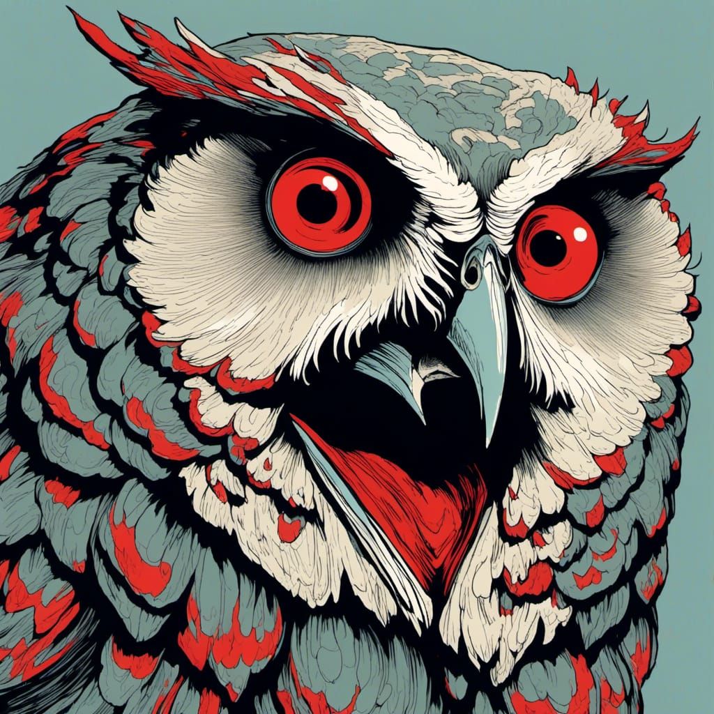 Horrific Owl Monster with Red Eyes and Fangs