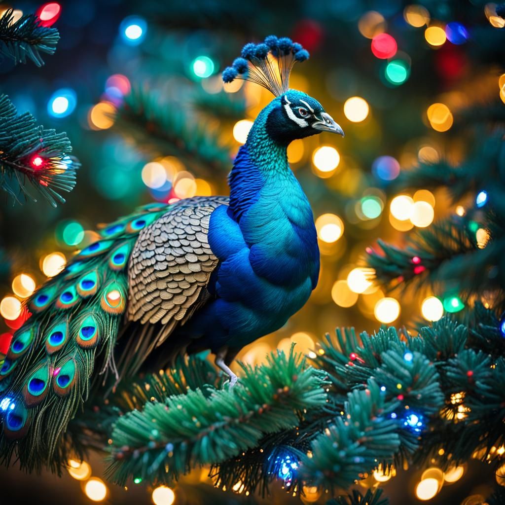 Peacock on a blue spruce branch...