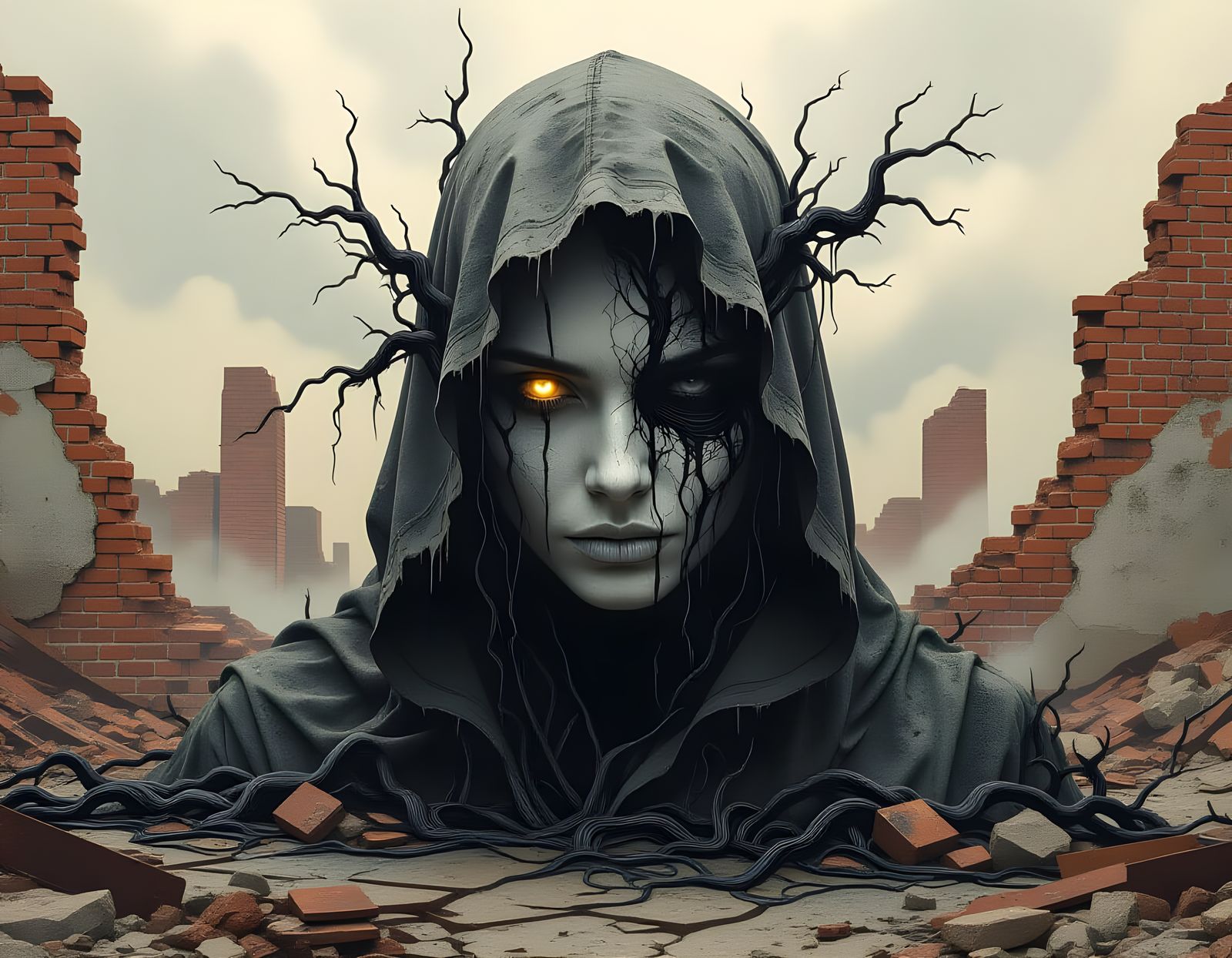 Human Face Obscured by Ink Tendrils in Ruined Landscape