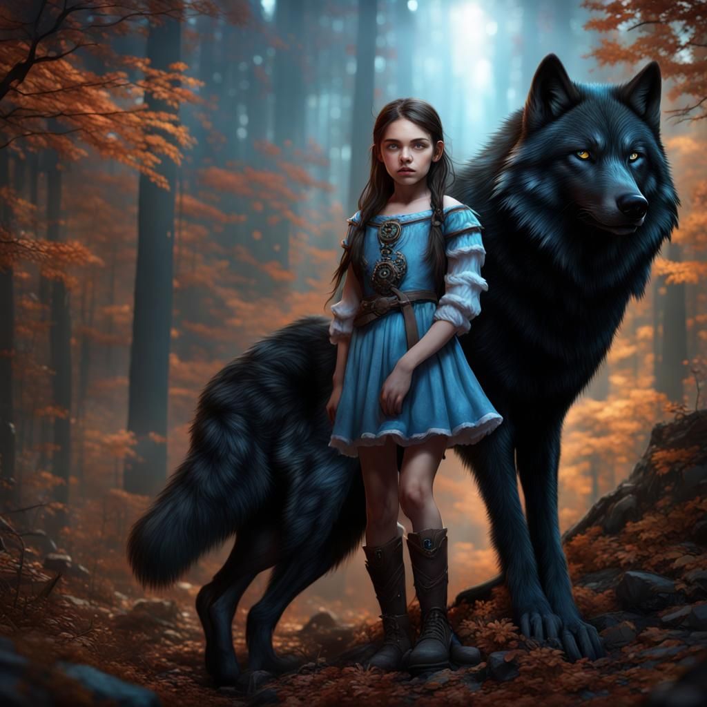 Girl on Black Wolf with Blue Eyes: Fantasy Art