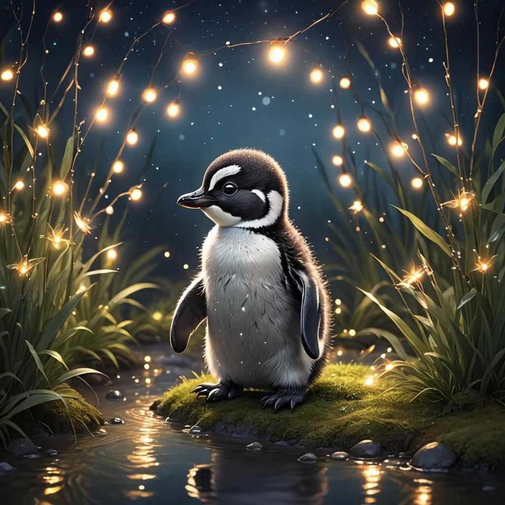 Dreamlike Baby Penguin with Fireflies