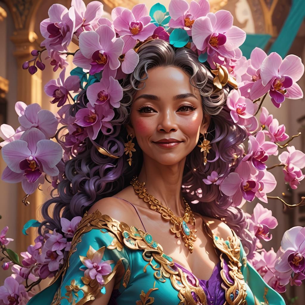 Latin Mom with Lilac Orchids in 3D Anime Art