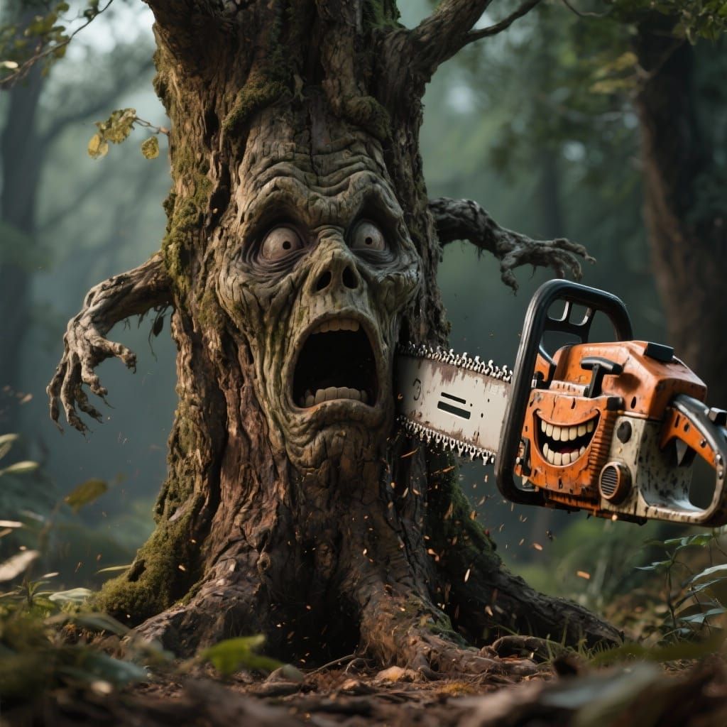 Terrified Face on Tree Confronts Grinning Chainsaw