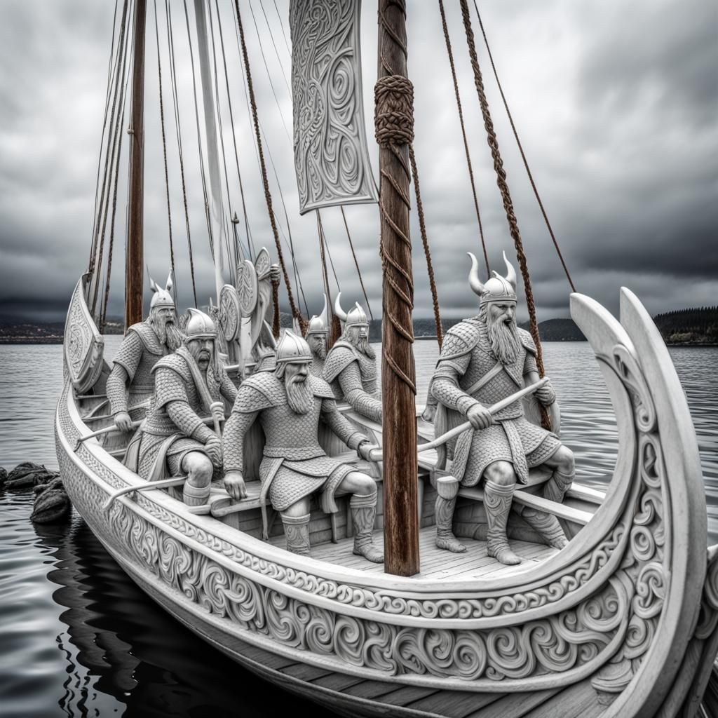 Hyperrealistic Viking Warrior Sculpture on Distant Boat
