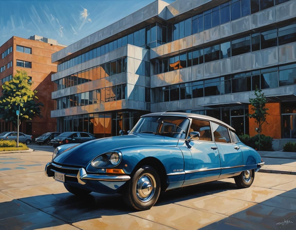 Citroën DS and Bauhaus Building, Acrylic Painting