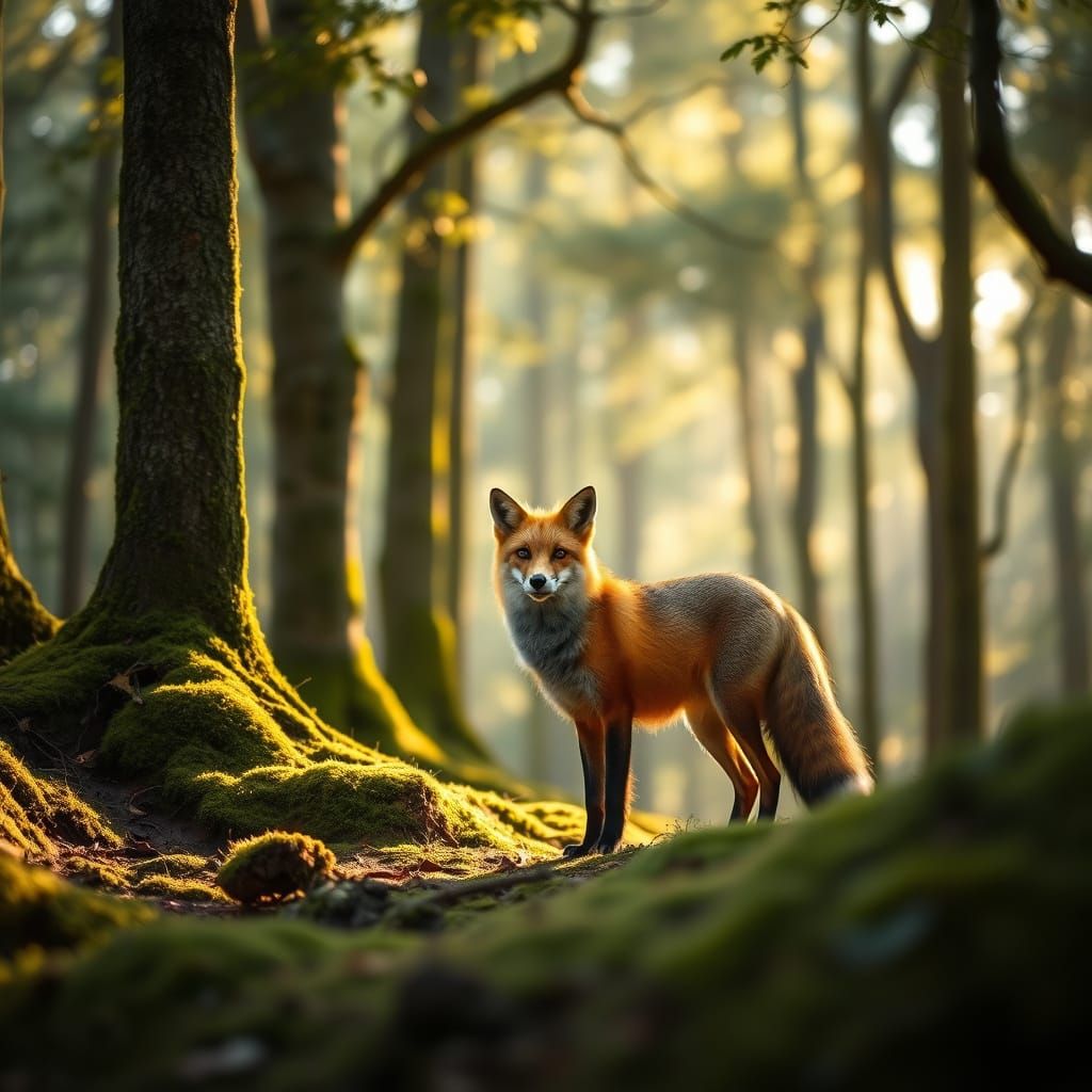 Photorealistic Red Fox in Ancient Forest