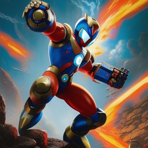 MegaMan Battles Robot Adversary in Futuristic Artwork
