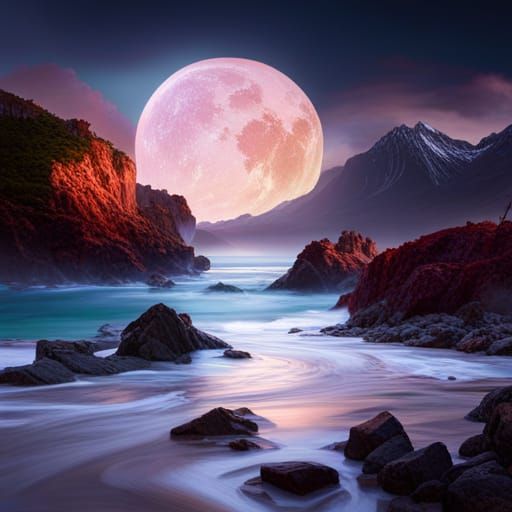 Unicorn Rearing on Beach Under Full Moon