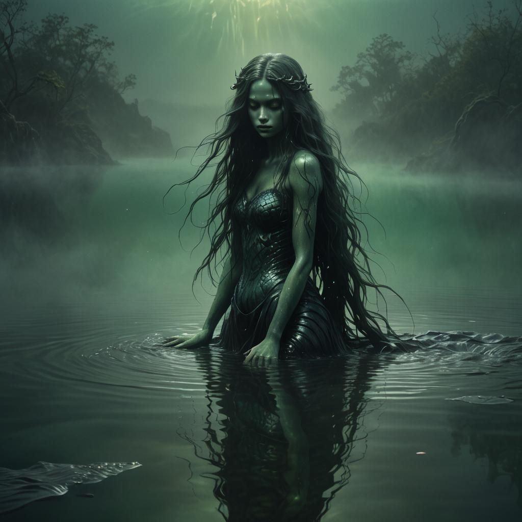 Mermaid in Black Lake: Dark Fantasy Art