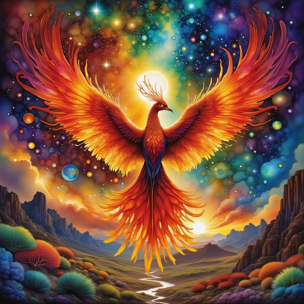Phoenix Ascends from Cosmic Wasteland in Vibrant Hues
