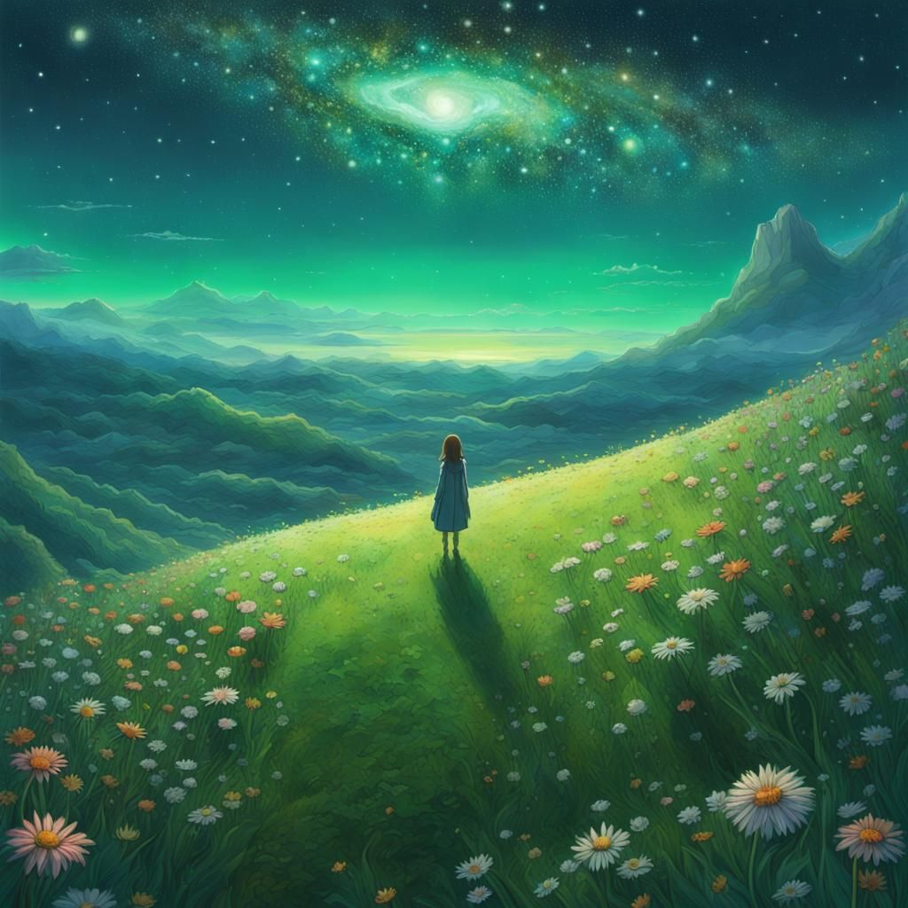 Flower on Green Hill under Starry Sky
