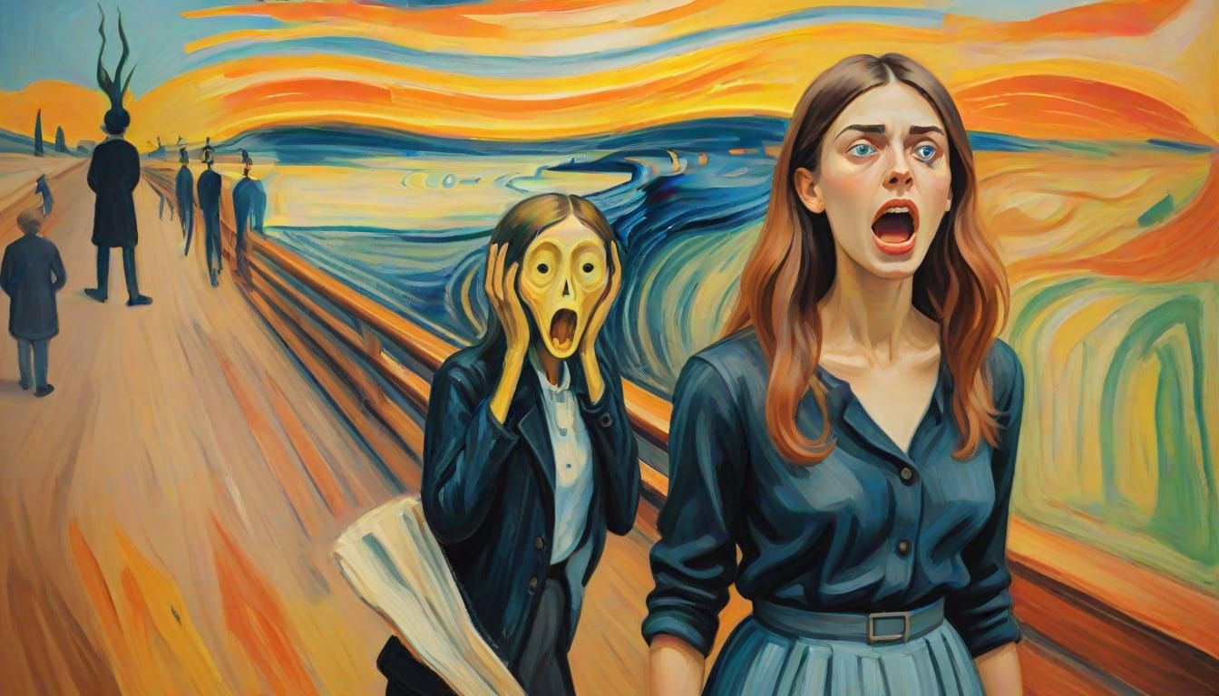 Surrealistic Oil Painting of Woman in Front of The Scream