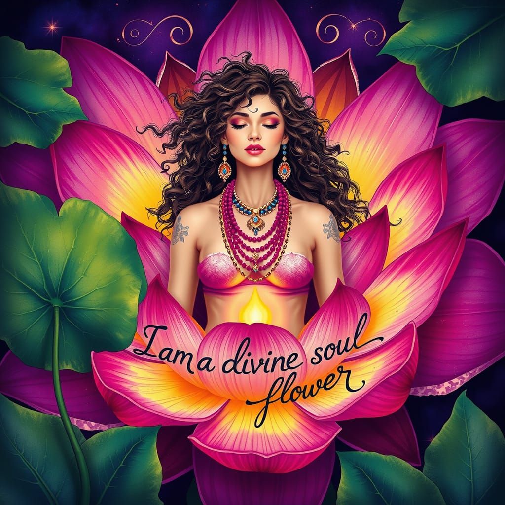 Ethereal Goddess in Lotus Bloom, Divine Text, Psychedelic Co...