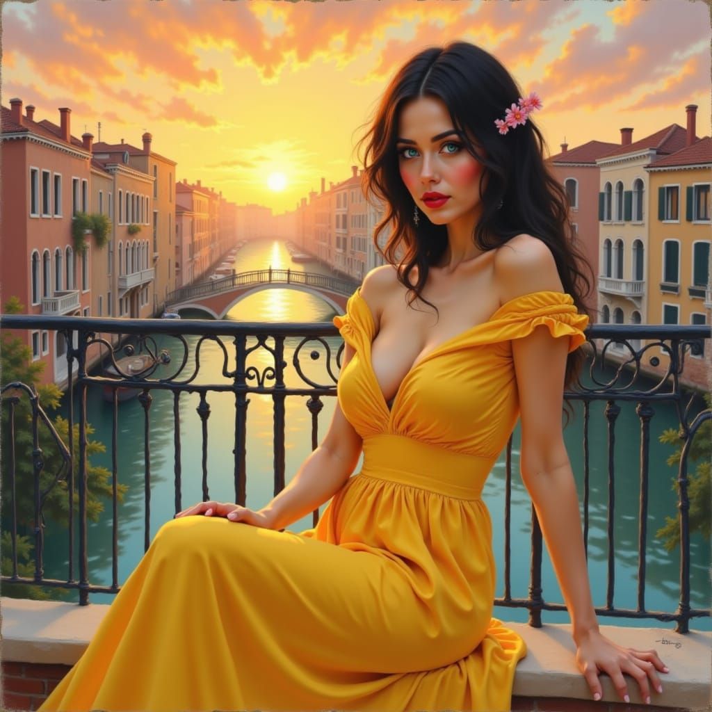 Woman on Venice Terrace: Oil Painting Style
