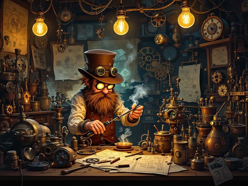 Whimsical Steampunk Inventor's Workspace in Warm, Inviting L...