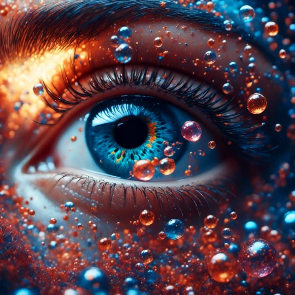 Surreal Eye with Shimmering Bubbles in Mixed-Media Realism