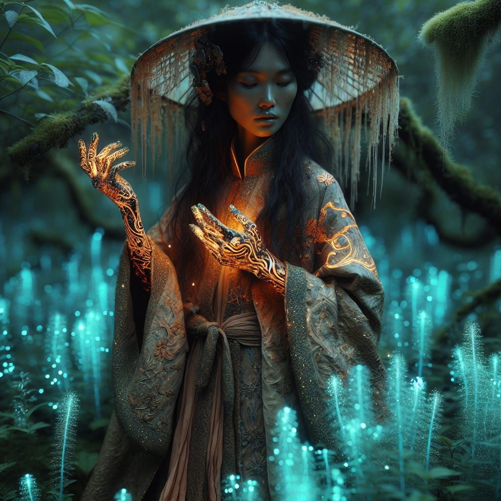 Enchanted Herbalist in Bioluminescent Realm