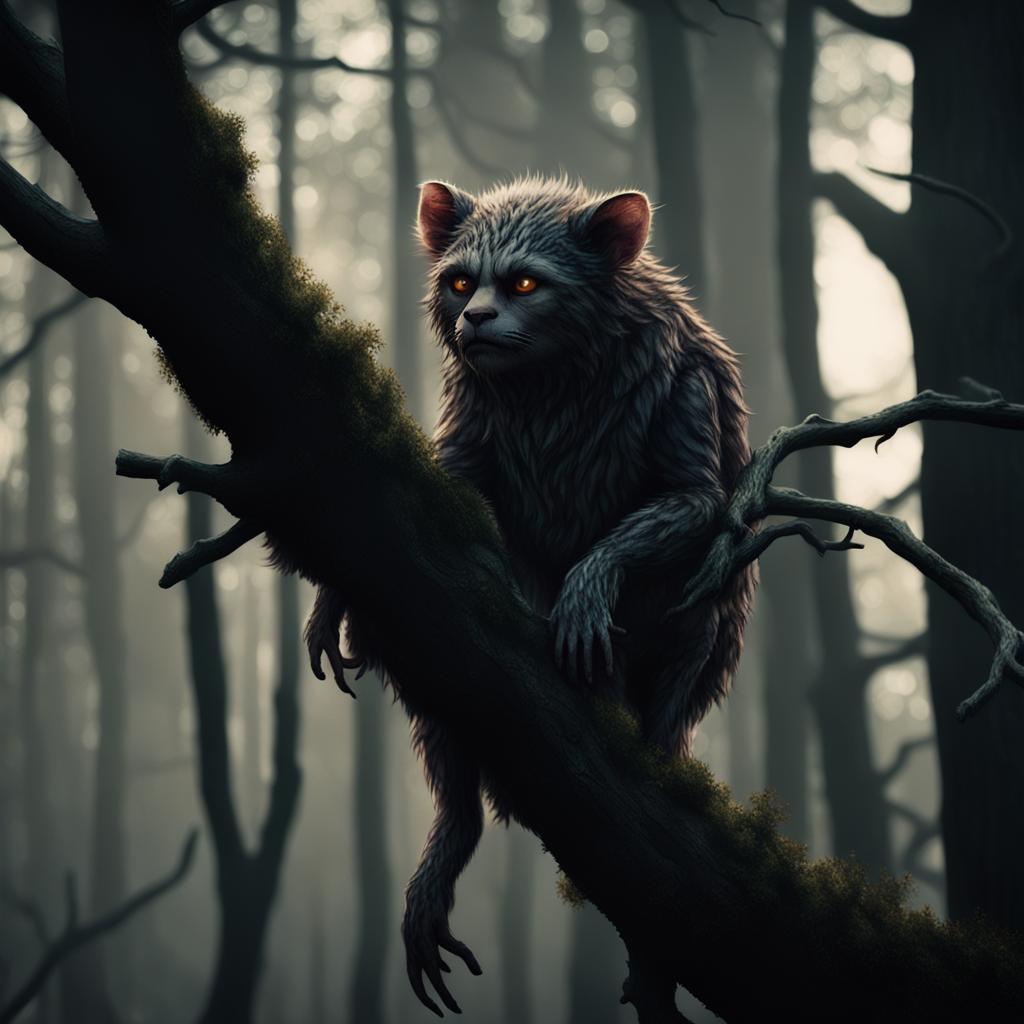 Mogwai in Eerie Forest: Cinematic Film Still