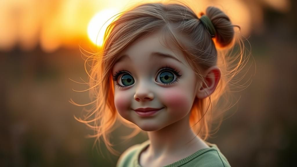 Expressive Green Female Character in Soft Sunset