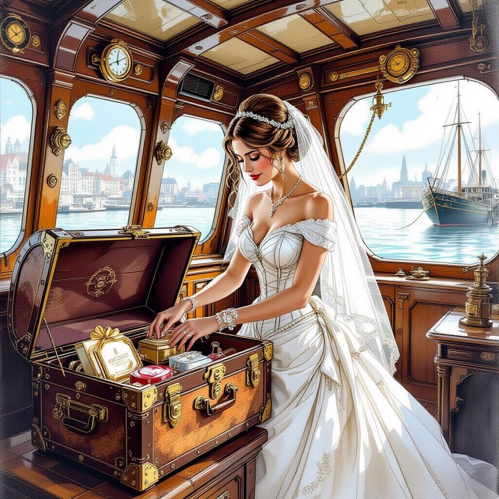 Steampunk Bride in Ornate Cabin Sketch