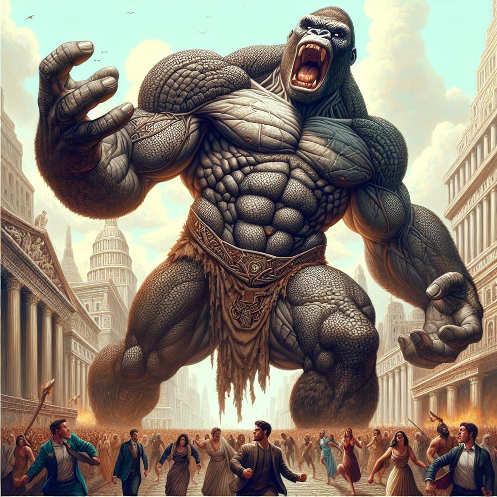 Towering Armored Weregorilla Roaring in Dystopian City