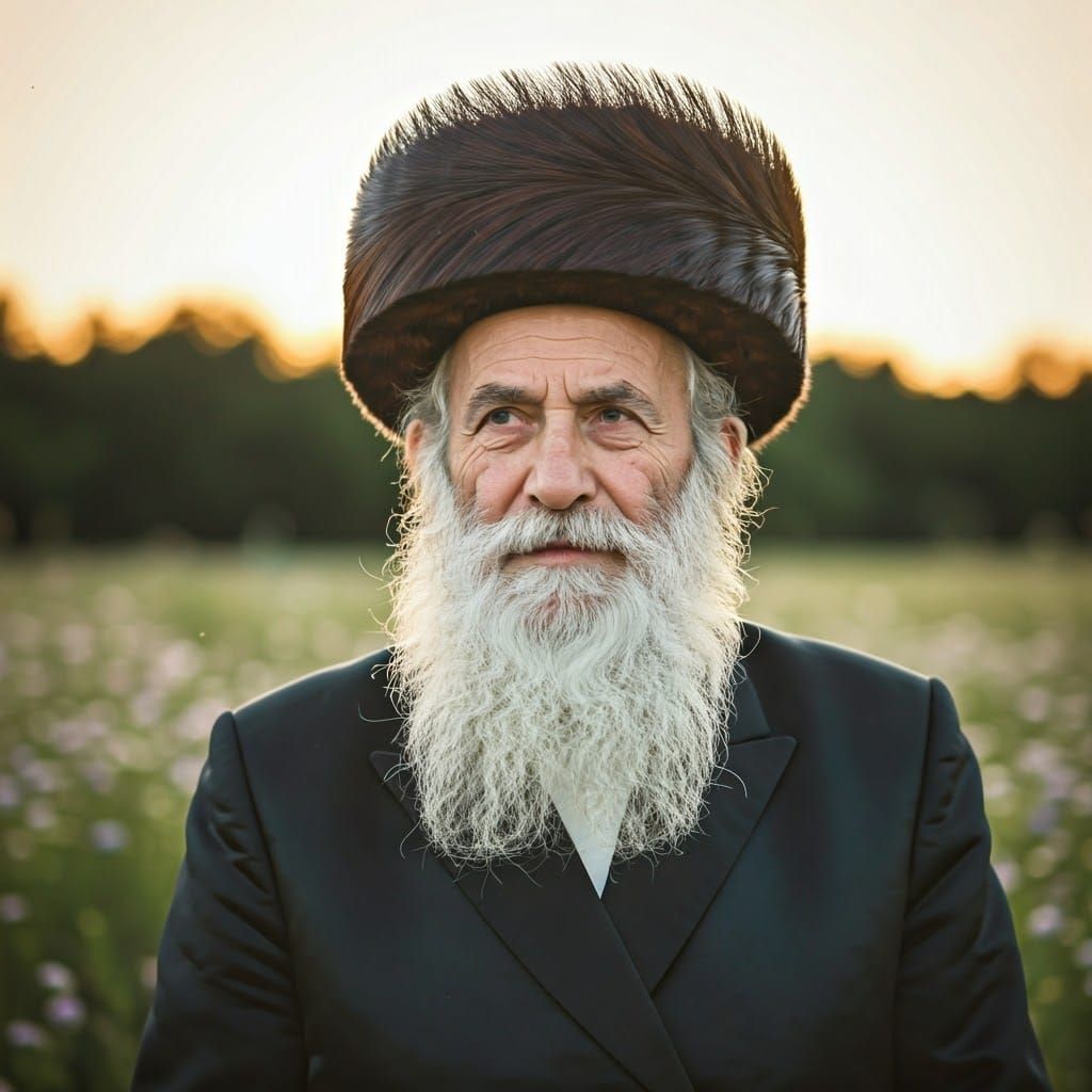 Respectful Hasidic Elder in Wildflower Field at Sunset