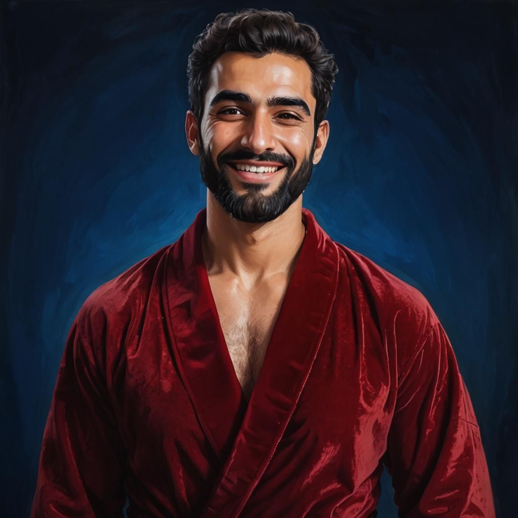 Radiant Man in Red Velvet Bathrobe, Art Nouveau Portrait