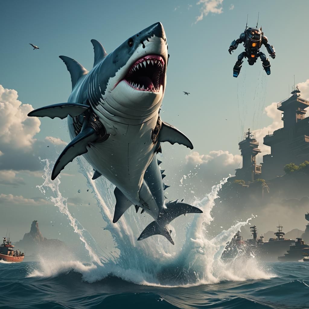 Megalodon and Robot Jump, 3D Rendered