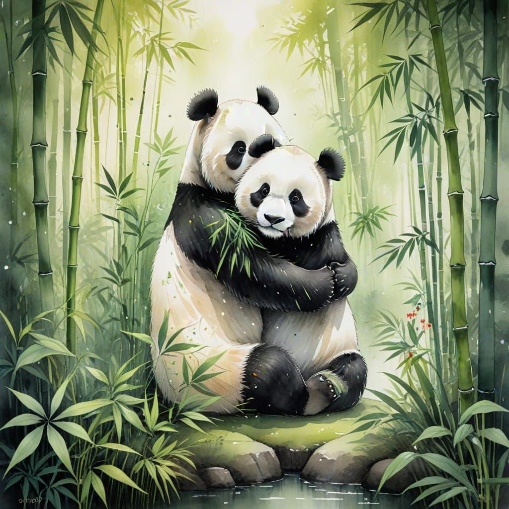 Pandas Embracing in Serene Forest Landscape