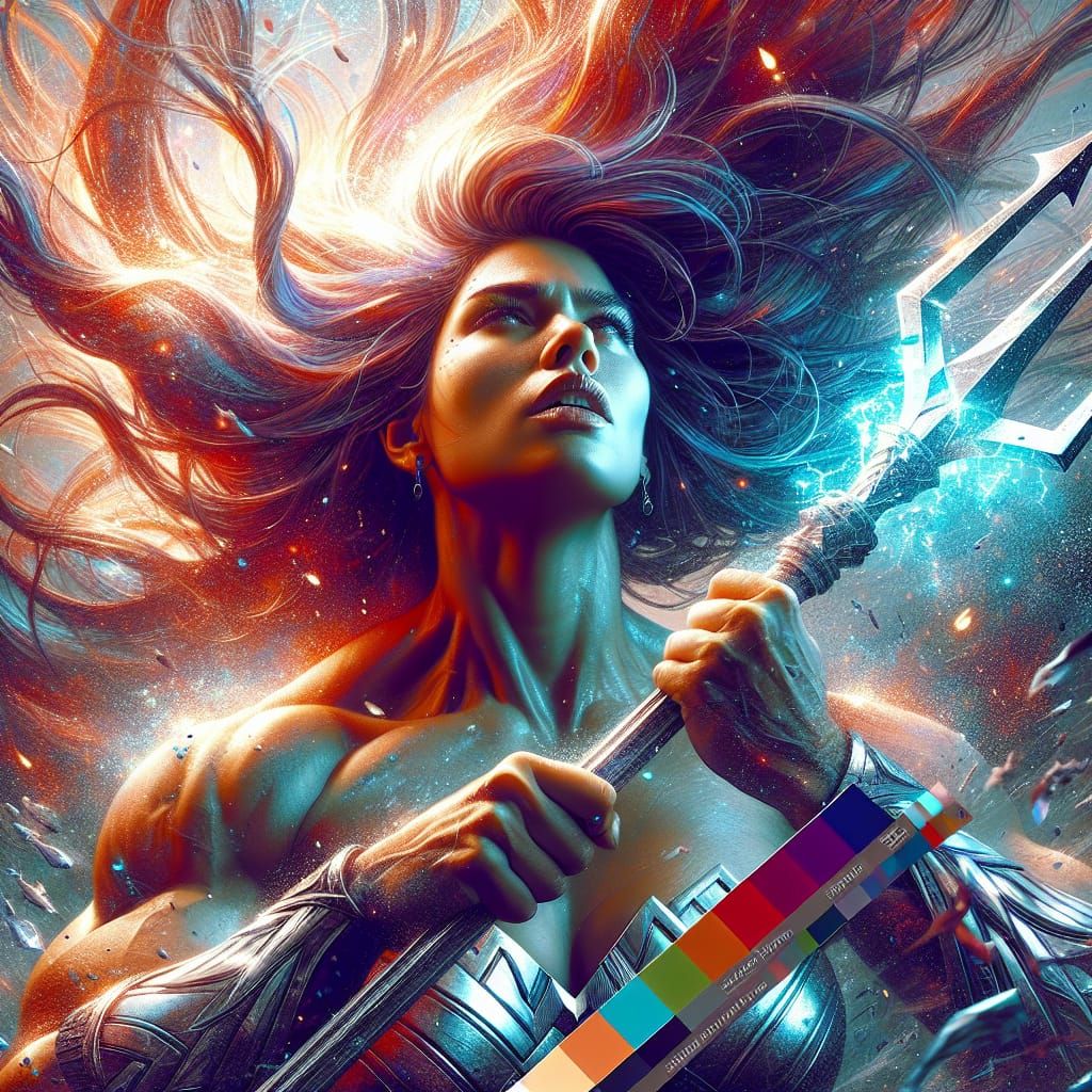 Muscular Warrior Woman with Trident and Dragon