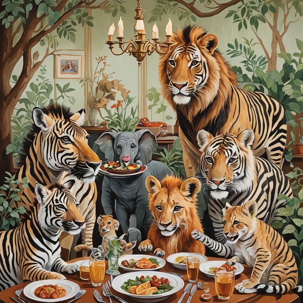 Animals Share Meal Together: Cute Gouache Painting
