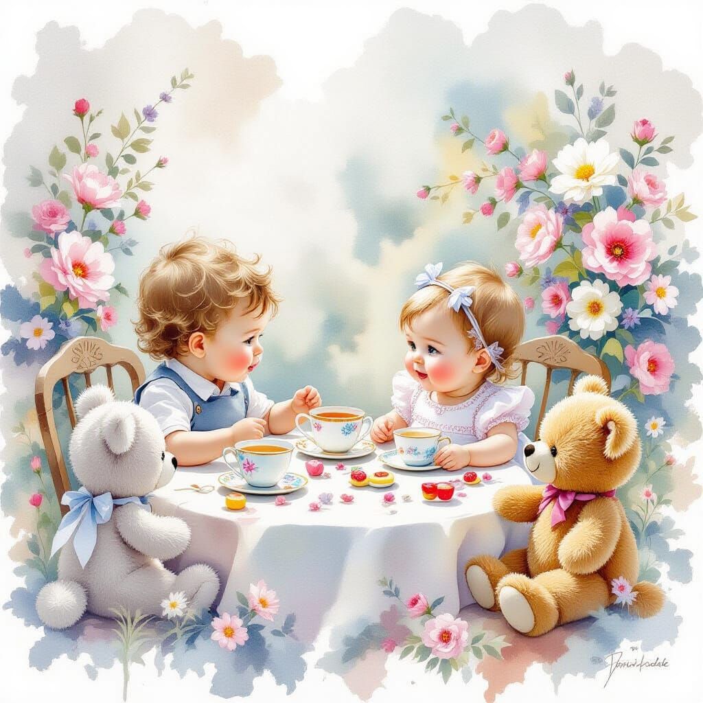 Ethereal Watercolour Tea Party with Siblings and Flowers