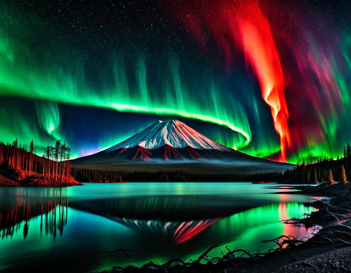 Volcano Aurora Borealis: Vivid Watercolor Landscape