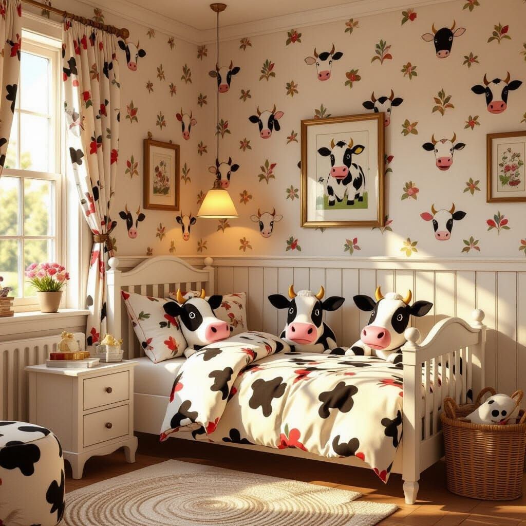 Whimsical Cow-Themed Bedroom With Cozy Bed