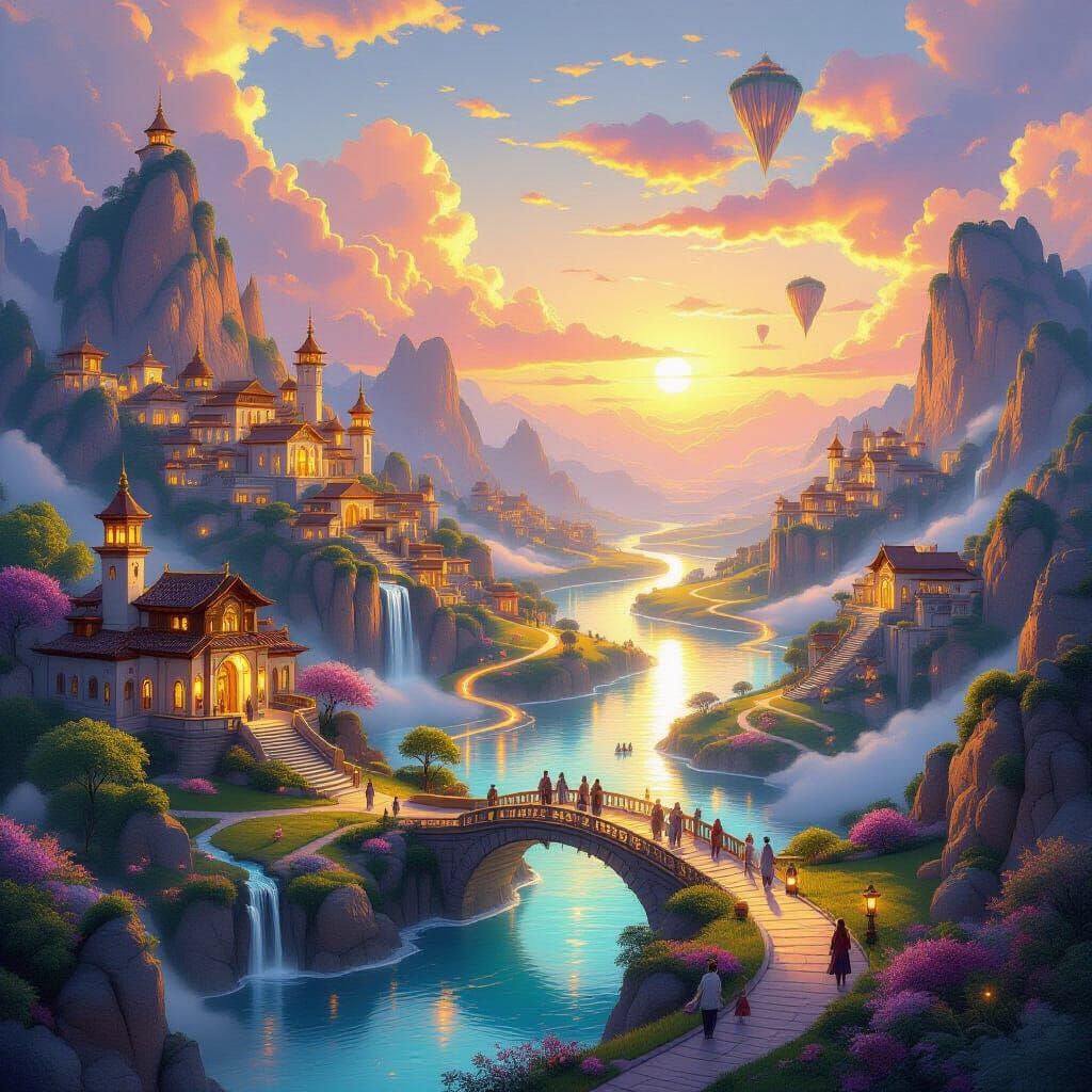 Fantasy landscape and rivers glowed during sunset