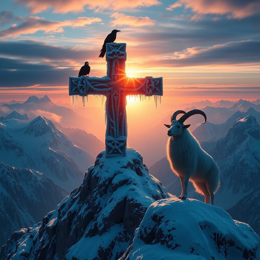Snow-Crowned Mountain Peak with Majestic Cross