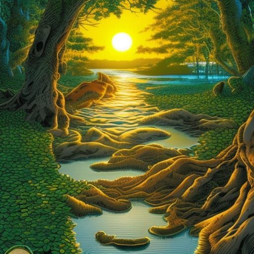 Golden Sunset Bay with Stream in Comic Art Style