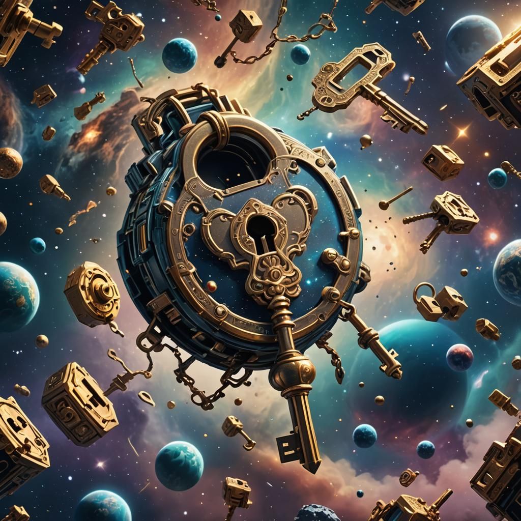 A lock and key floating in outer space