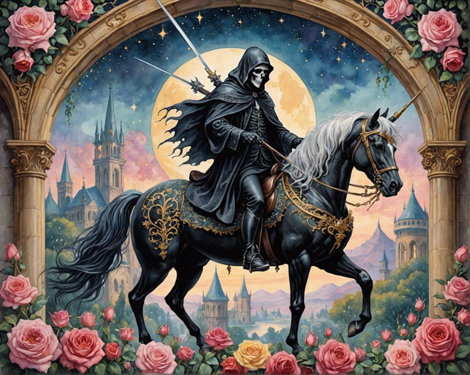 Grim Reaper Rides Unicorn in Victorian Watercolor