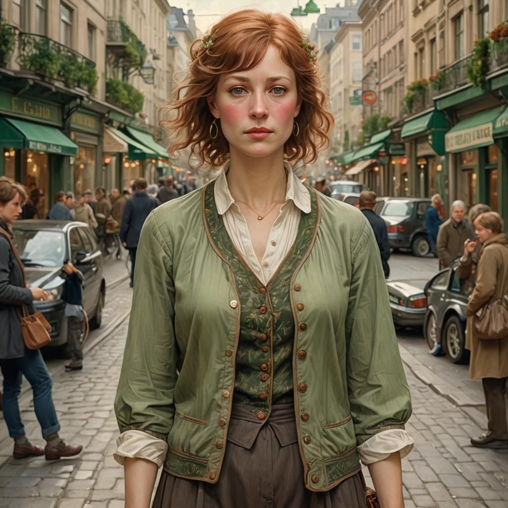 Art Nouveau Woman on City Street in Style of Larsson