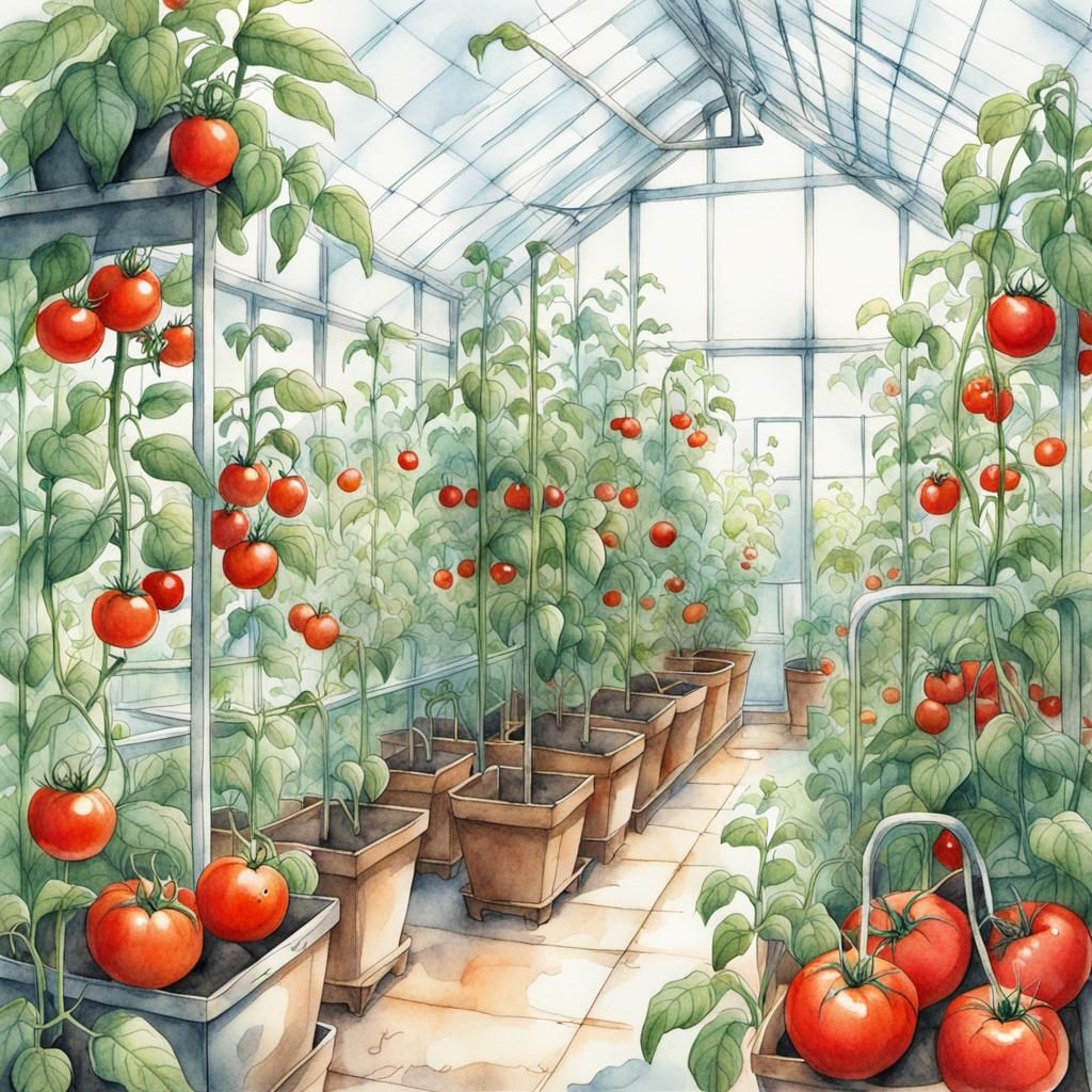 Watercolor Greenhouse Tomato Plants Storybook Illustration