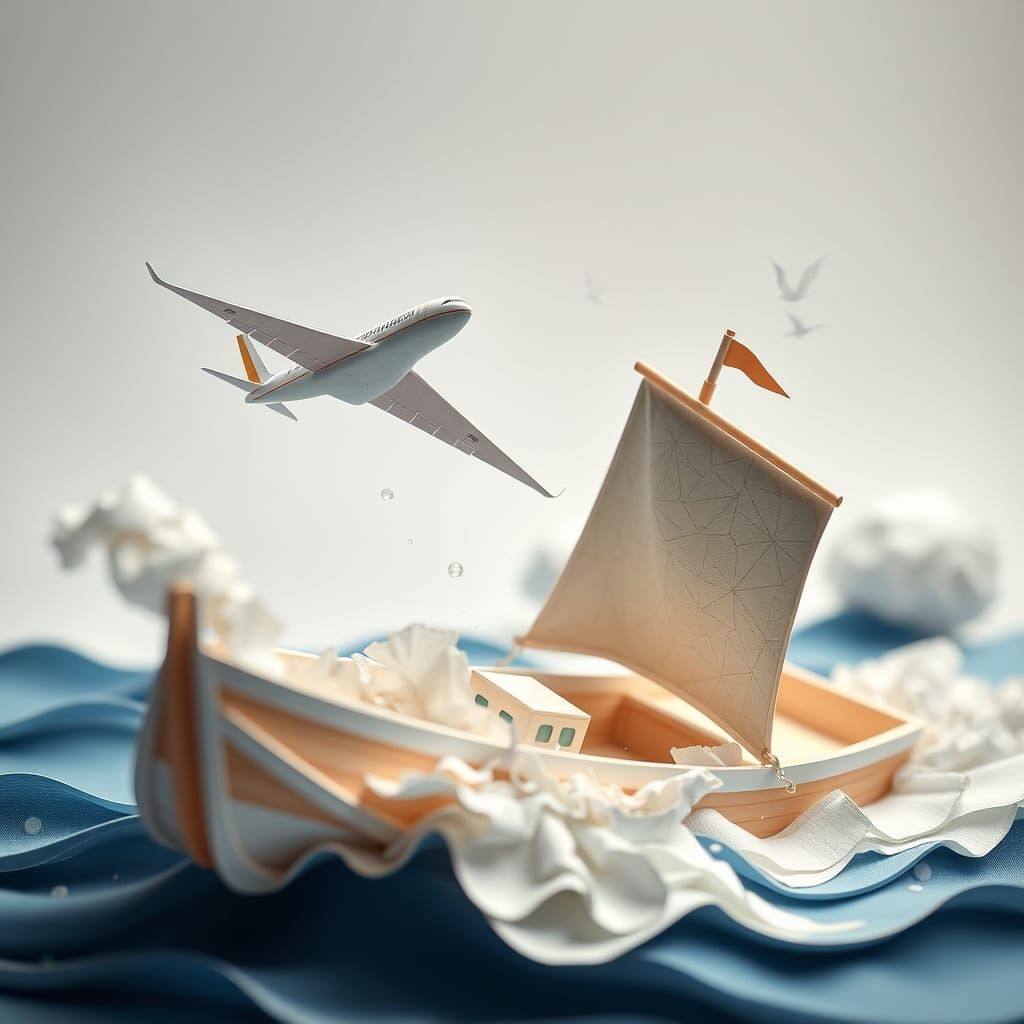 Surreal Papercraft Plane Crashes onto Boat in Whimsical 8K A...