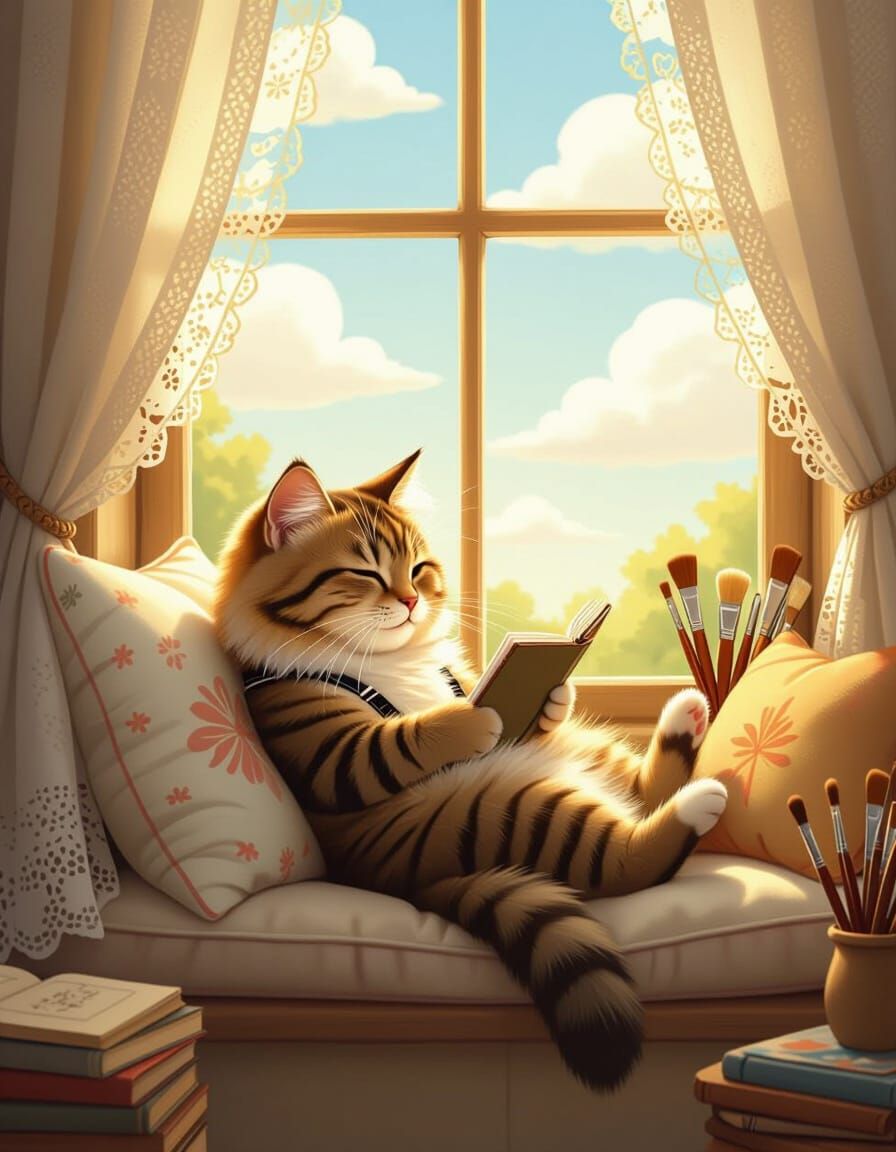 Whimsical Cat Artist Sketches Clouds in Sunny Window