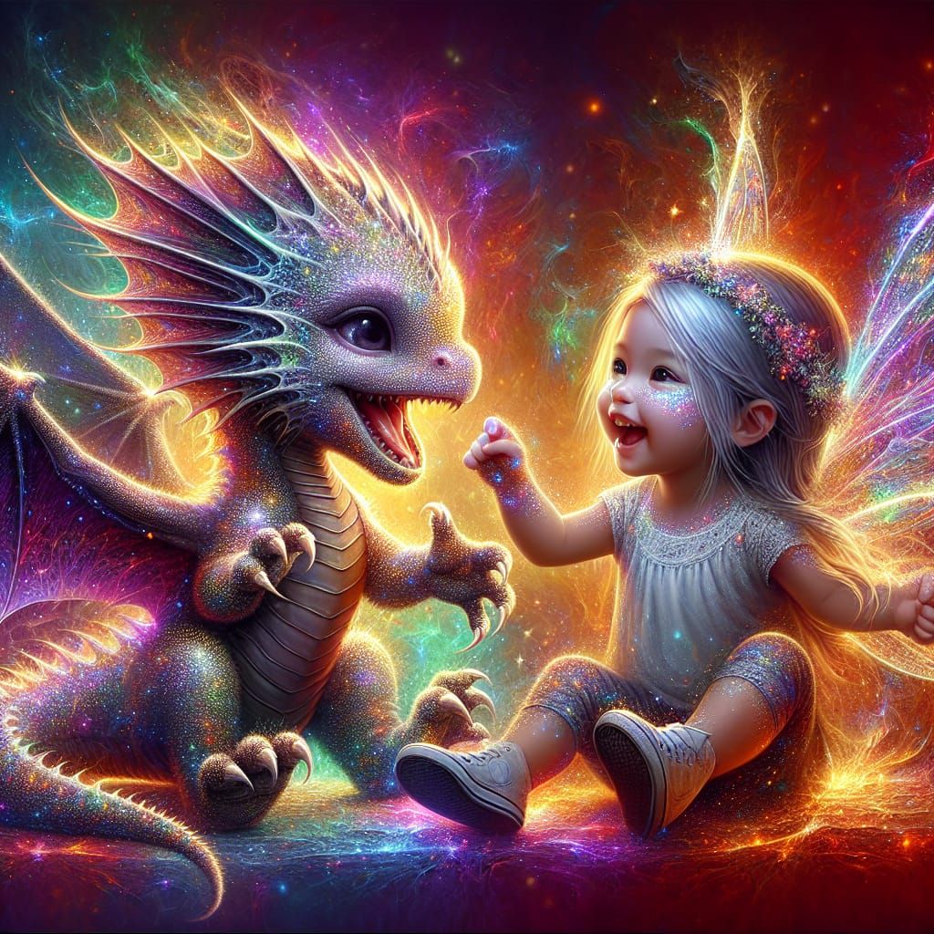 Playful Dragon and Girl in Colorful Splash Art