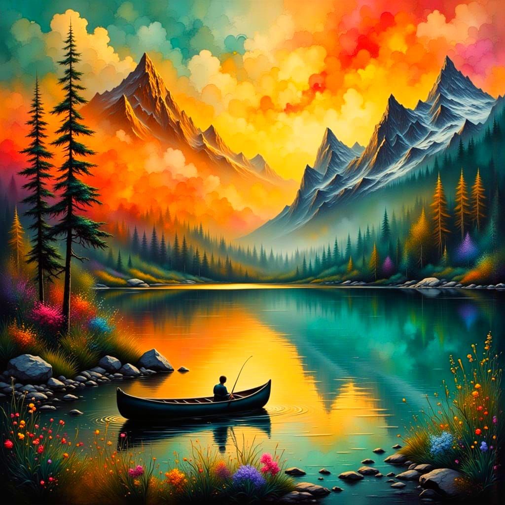 Serene Mountain Lake Scene in Vibrant Impasto